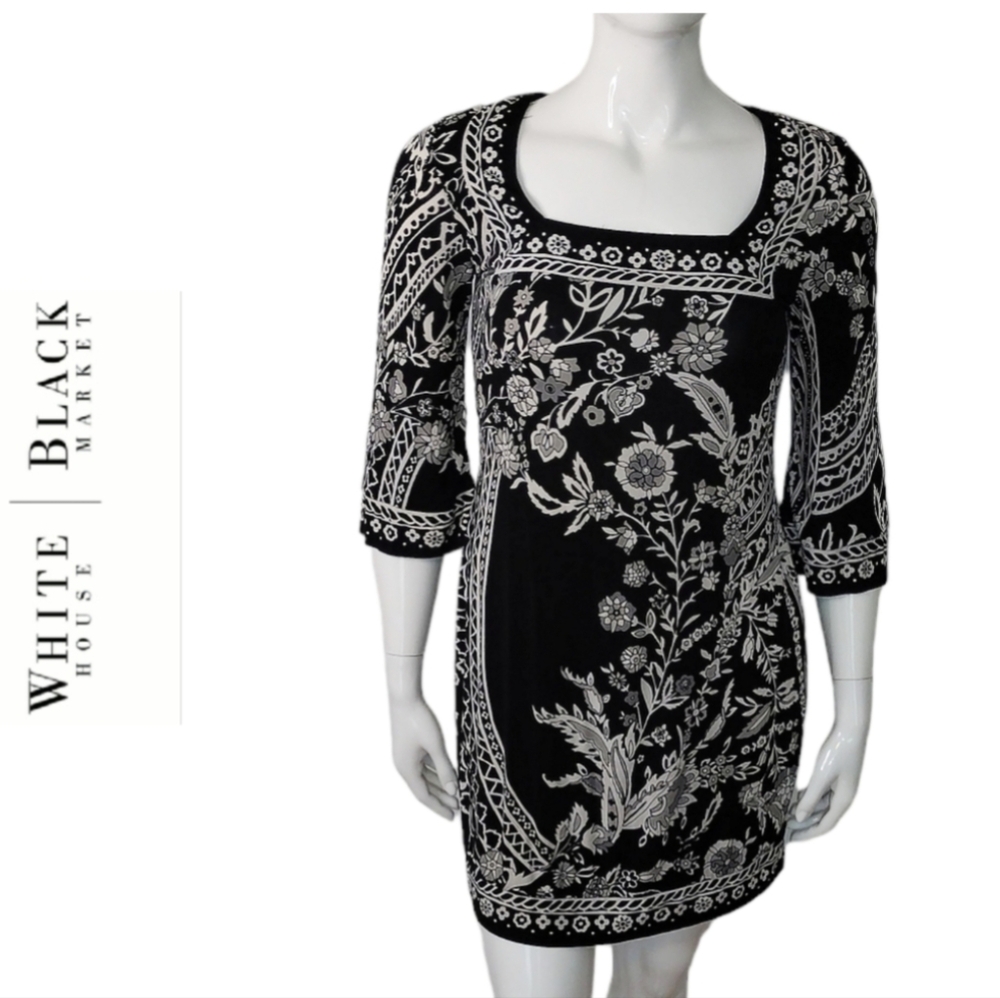 White House Black Market Long Sleeve Shift Dress Size Medium Black And White